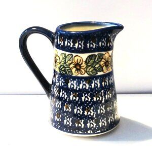 WR Unikat 4" yellow and navy floral pottery pitcher / creamer, decor polish pott